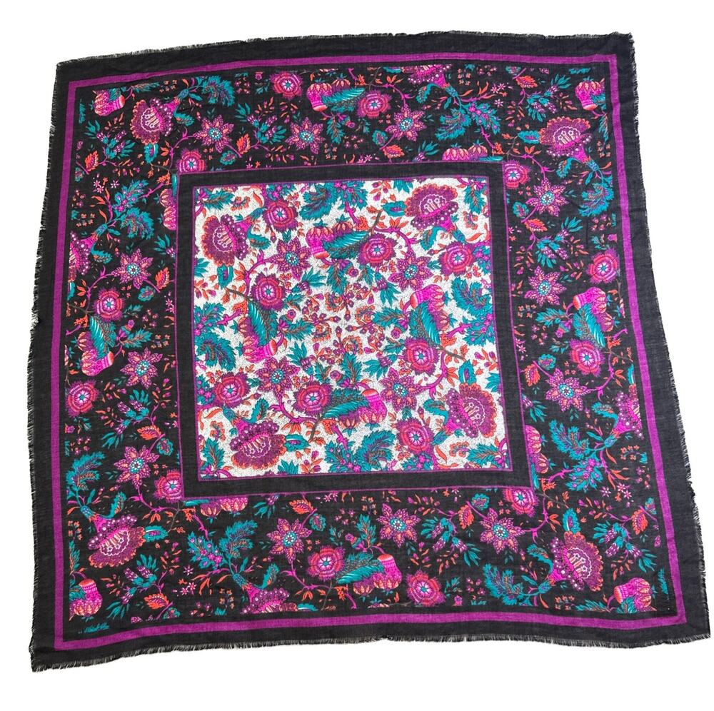Vintage Challis Made in Japan Floral Square Scarf Black Pink Teal Fringe